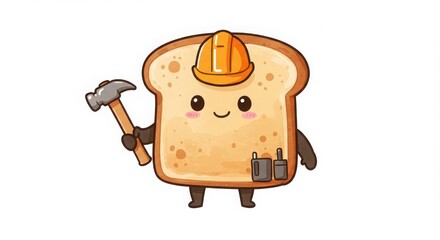 a cute cartoon toast character construction worker wearing helmet holding hammer in a whimsical watercolor style illustration for decoration