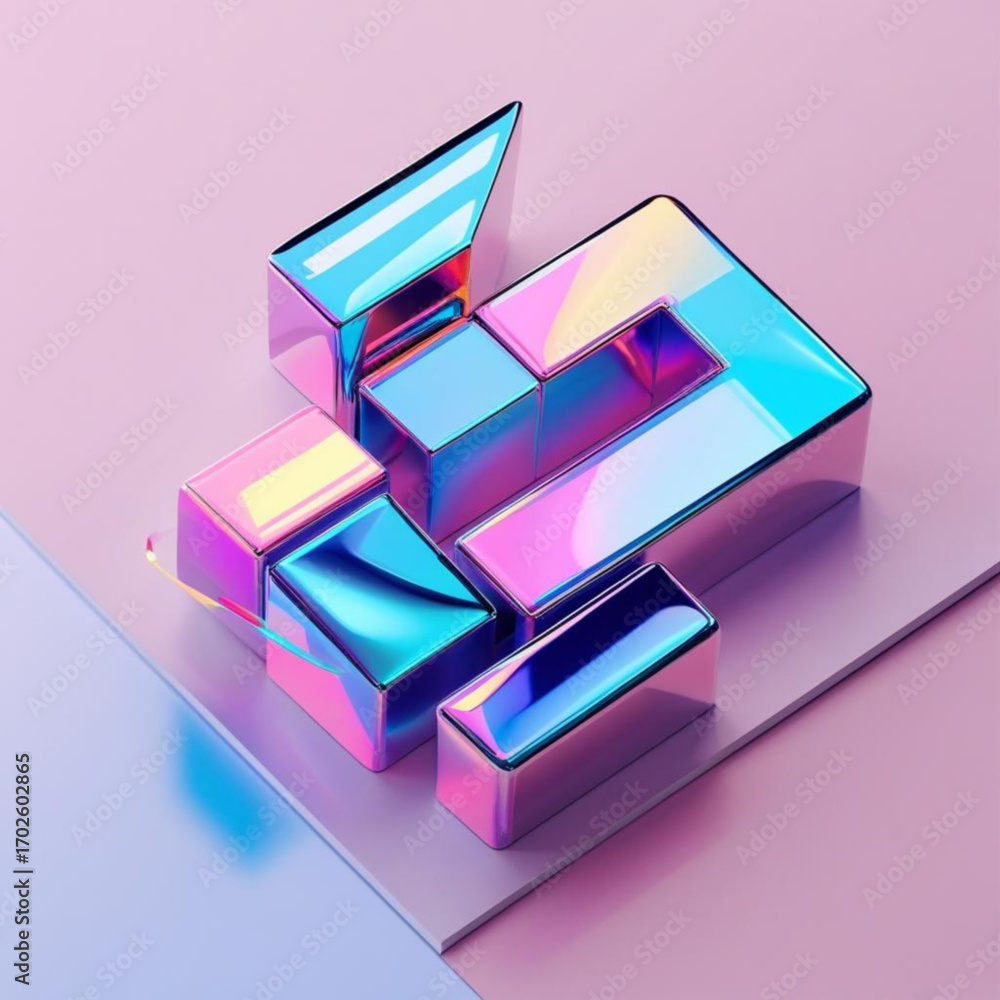 Poster abstract holographic blocks composition with vibrant colors and reflections for modern design projec