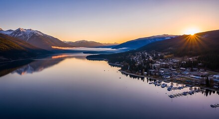 Stunning Sunset over a Serene Lake and Mountain Town.