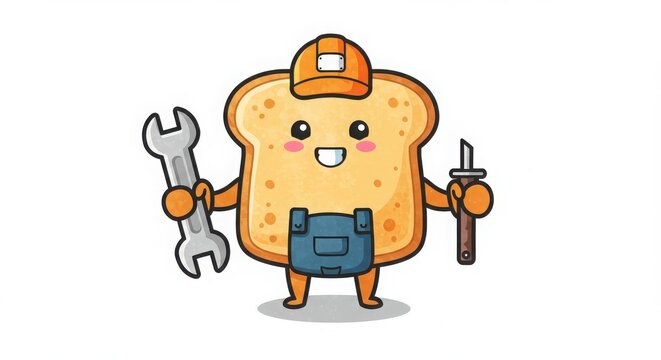 Naklejki a cute cartoon toast character mechanic holding wrench in a whimsical watercolor style illustration for decoration