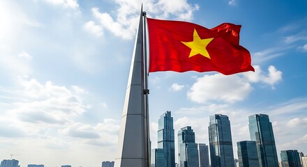 Vietnam Flag Waving Proudly in the Wind Above City Skyscrapers.