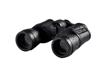 Black binoculars with water droplets