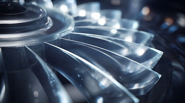 Close up of a gleaming metallic turbine fan with blurred lights in the background