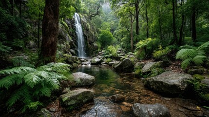A serene natural landscape with a cascading waterfall, rocky cliff, lush greenery, ferns, shrubs,