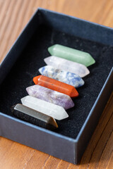 Close-Up of a Collection of Mineral Stones in a Navy Blue Box
