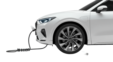 Sleek, modern white electric SUV with multi-spoke wheels and charging cable, in a high-key studio with seamless transparent background, diffused lighting. Concept of modern electric vehicle luxury