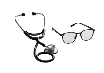 High-end black medical stethoscope and sleek dark-rimmed eyeglasses precisely arranged on a seamless transparent studio background with soft overhead lighting. Concept of medical precision and quality