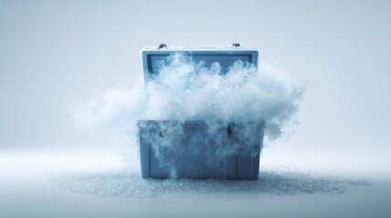 A blue battery emits a thick cloud of white vapor against a soft light blue background