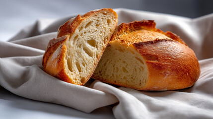 Rustic bread on linen cloth, cut in half, interior grain clearly visible, white background with clean side space.