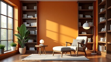 Modern Cozy Reading Corner Interior with Warm Orange Wall, Wooden Furniture, Soft Lighting, and Green Plants – 3D Rendered Home Decor Design