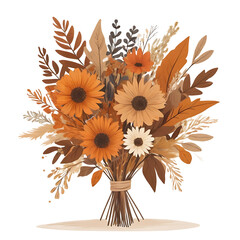 Beautiful autumn harvest bouquet of sunflowers and dried foliage tied with twine on a dark background