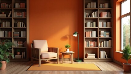 Modern Cozy Reading Corner Interior with Warm Orange Wall, Wooden Furniture, Soft Lighting, and Green Plants – 3D Rendered Home Decor Design