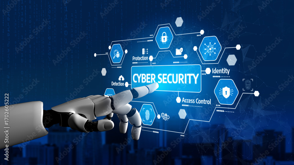 Poster a robotic hand points at a bright cyber security interface, displaying various technology icons incl