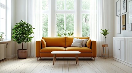 Fototapeta premium Beautiful Apartment, Sofa, Chair, Dining Table wall Mockup Interior design of modern living room