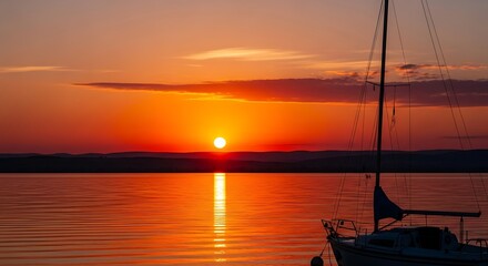 Sailboat silhouette against a vibrant orange sunset over the water.