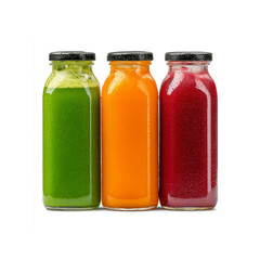 Three Bottles of Colorful Freshly Squeezed Juice - Green, Orange, and Red