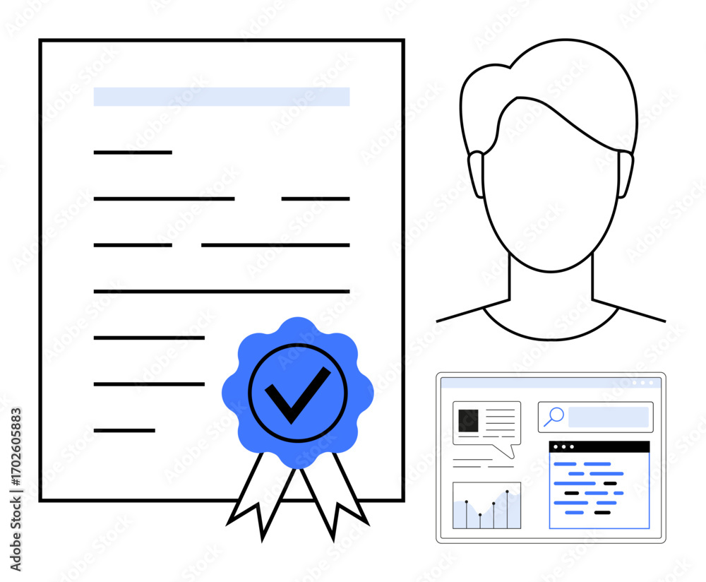 Poster certificate with blue verification badge, user profile outline, and analytics dashboard. ideal for c