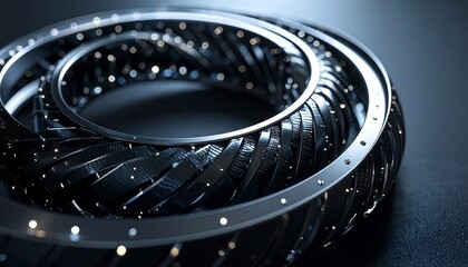 Abstract Dark Metallic Rings with Glowing Particles Close-up