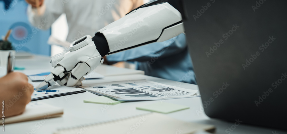 Aufkleber a robotic arm collaborates with a business team in a modern office, showcasing the integration of te