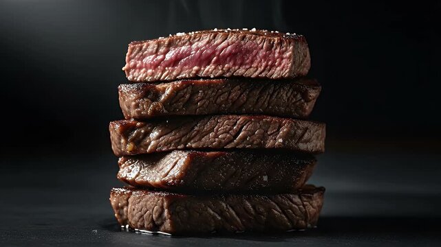 A stack of five thick grilled meat slices seasoned with salt showing a pink medium-rare interior on the top slice with steam rising against a dark backdrop