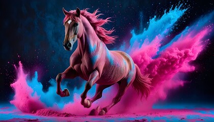カラフルな粉じんを駆け抜ける馬