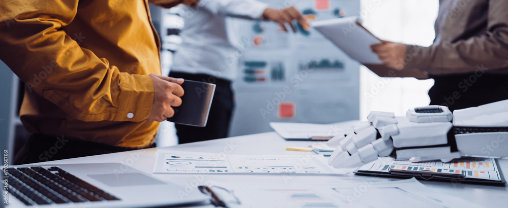 Poster business professionals analyzing market insights with the support of an ai assistant, emphasizing th