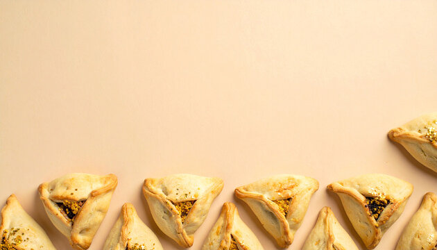 Hamantaschen Cookies Flatlay with Golden Glitter. Purim Jewish Festival. Generated Image
