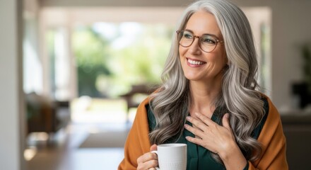 Smiling mature woman with glasses holding a mug and touching her chest