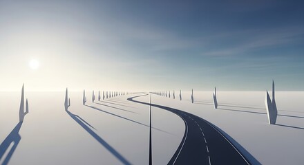 Solitary journey, surreal road under the sun, minimalist horizon view