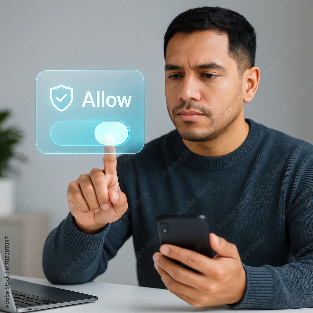 Poster a man's hand interacting with a smartphone, emphasizing the concept of allowing or granting permissi