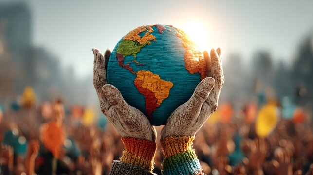 Hands holding earth globe at climate change protest - Powered by Adobe