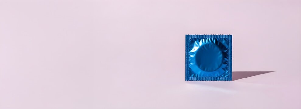 Blue condom package with copy space on lavender background. Safe sex and sexual health banner concept for awareness of contraception day and prevention of sexually transmitted diseases.
