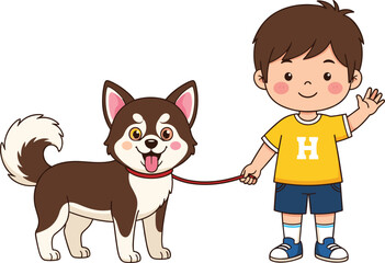 Cute young boy walking his happy dog on a leash, smiling child waving hand, pet care, friendship, outdoor fun, animal companion