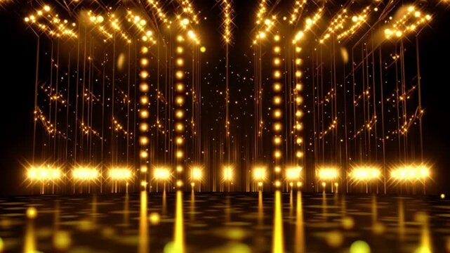 4k Golden particle neon light display hall stage background, luxury glowing illumination with falling sparkles, elegant event ceremony scene, cinematic award show atmosphere, festive celebration light