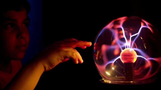 4k Boy playing with plasma ball electric energy close up view, child hand touching glowing lightning inside glass sphere, interactive science experiment, physics electricity concept, educational techn