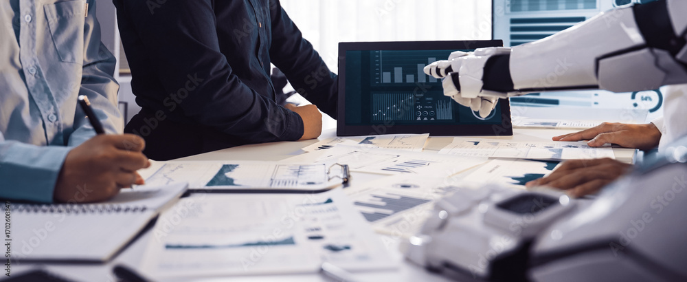 Poster a business team engages in a meeting featuring artificial intelligence technology. interactive chart