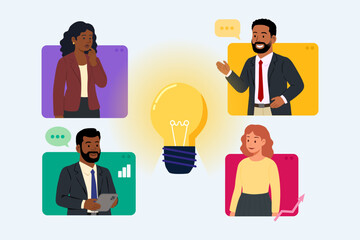 Business Team Discussion. Vector cartoon illustration in a flat style of business people talking to each other across the Globe online with Aan idea lightbulb. Isolated from background.