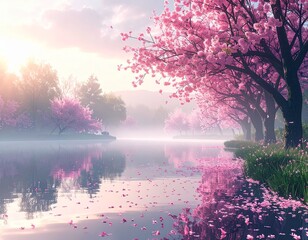 湖畔に咲く桜並木と朝の光