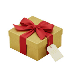 Luxurious gold gift box with scarlet red silk ribbon, elegant bow, ivory gift tag with gold foil, on a solid transparent background, 45-degree angle. Concept of high-end commercial luxury