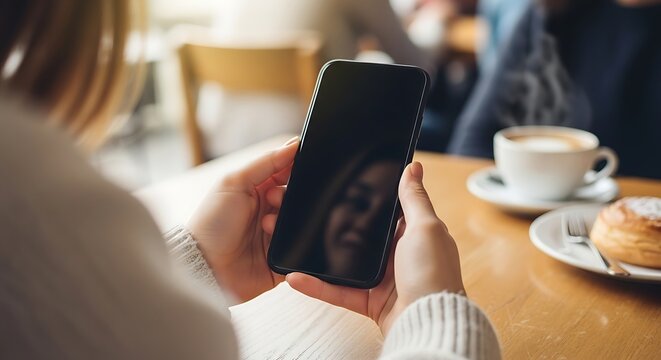 Woman using smartphone in a cafe with coffee and pastry.