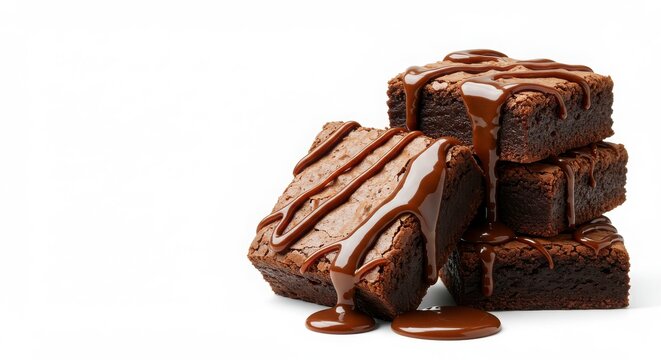 Stack of brownies topped with drizzled chocolate on a white plate against a neutral background