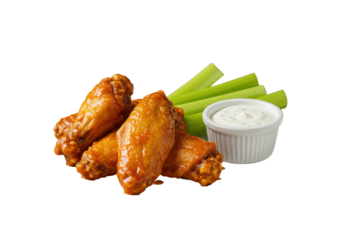 Golden-brown, saucy, crispy buffalo wings, vibrant green celery sticks, blue cheese dip in a white ramekin on a plate, isolated on transparent background. Appetizing commercial food photography