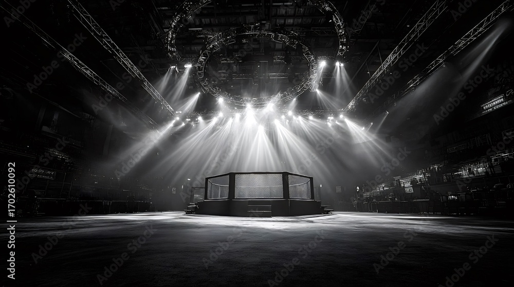 Poster dramatic black and white image of an empty fighting arena illuminated by spotlights, creating a powe