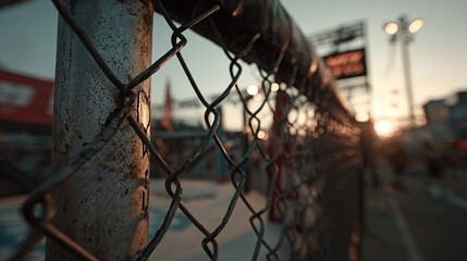 Capturing the intricate details of a rusty chain link fence, with a blurred industrial backdrop at sunset, evokes feelings of security and restricted access in an urban setting