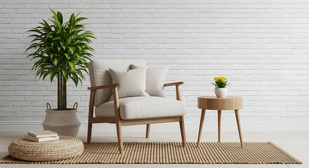 Bright and airy living room interior with a comfortable armchair, a woven rug, and a potted plant against a white brick wall, creating a cozy and inviting atmosphere for relaxation and leisure