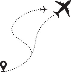 Airplanes flying on dotted lines representing travel routes with a location pin Keywords: airplane, flight, travel, journey, route, dotted line, path, transportation, aviation, trip, destination