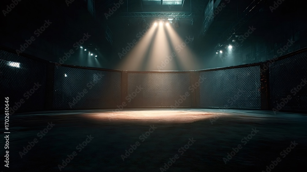 Poster powerful spotlights illuminating an empty fighting cage within a dark arena, creating a dramatic atm