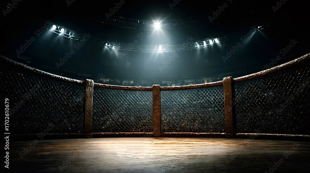 Poster professional fighting arena is waiting for the fighters under the spotlights, spectators are blurrin