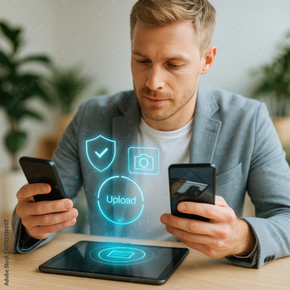 Poster a man in a light gray jacket skillfully uses two smartphones and a tablet with virtual icons