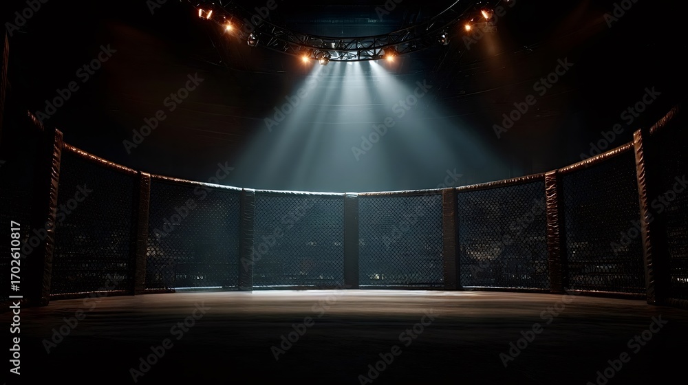 Poster spotlights illuminating an empty fighting ring within a dark arena, creating a palpable atmosphere o